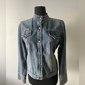 Levis Collarless Jacket Womens Medium Mis Blue Denim Trucker Snap Front Buttons